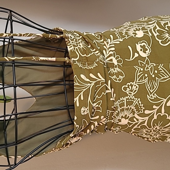 Vintage Y2K Slinky Floral Halter Dress Olive Green Light Cream Ruched Waist Sz M - Picture 6 of 13